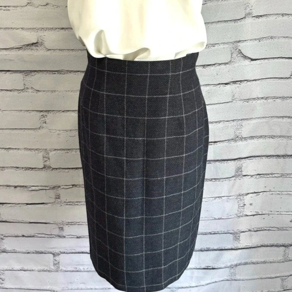 Vintage Wool Windowpane‎ Pencil Skirt High Waist Gray Career Academia Size 8